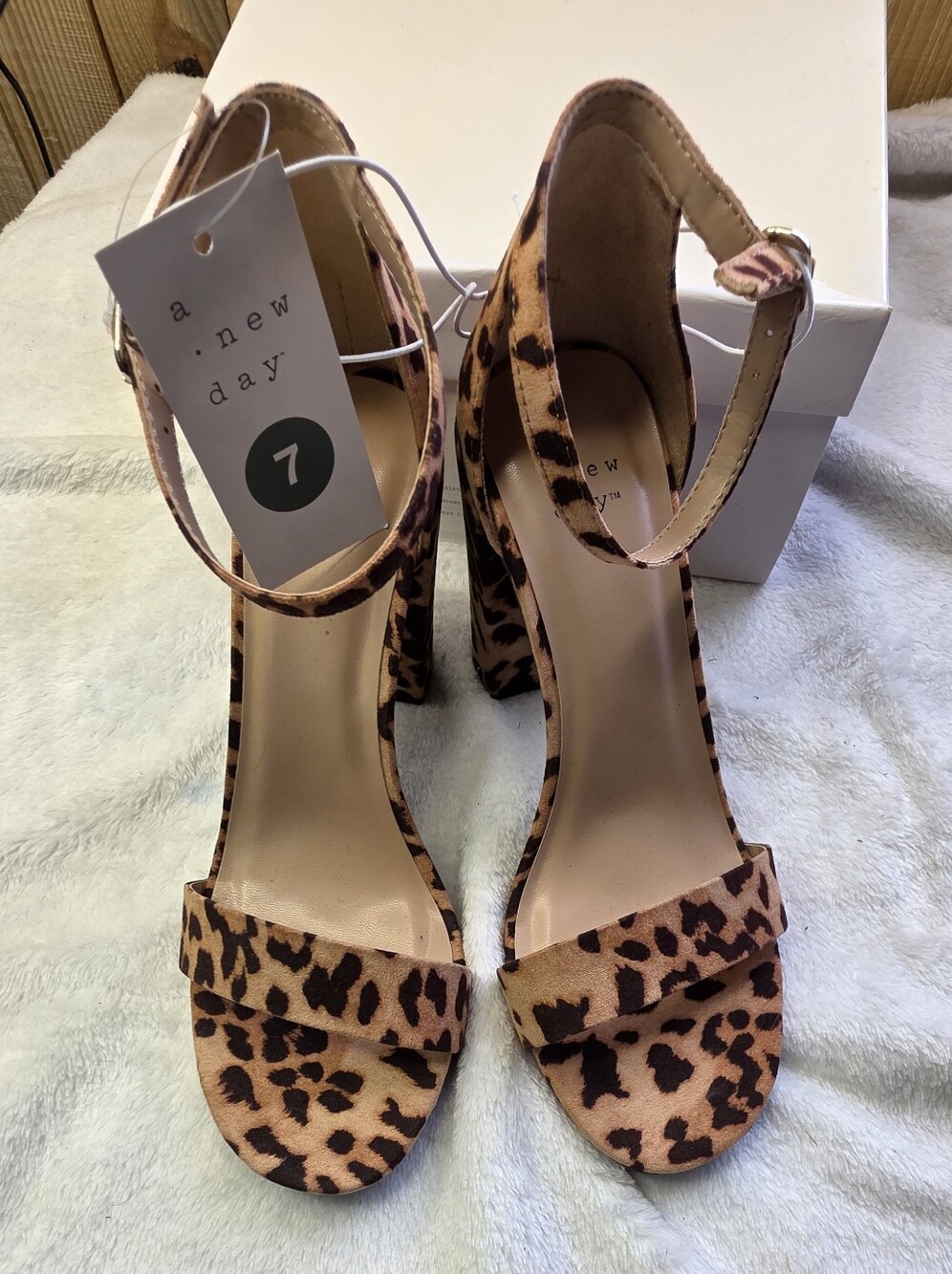 a new day Leopard Print Ankle Strap Block Heel Sandals - Tan/Black Sz 7